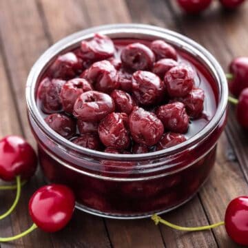 Bowl of canned cherry pie filling.