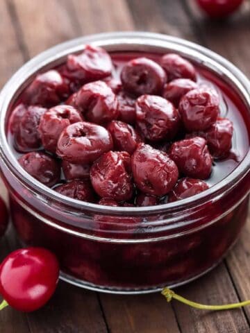 Bowl of canned cherry pie filling.