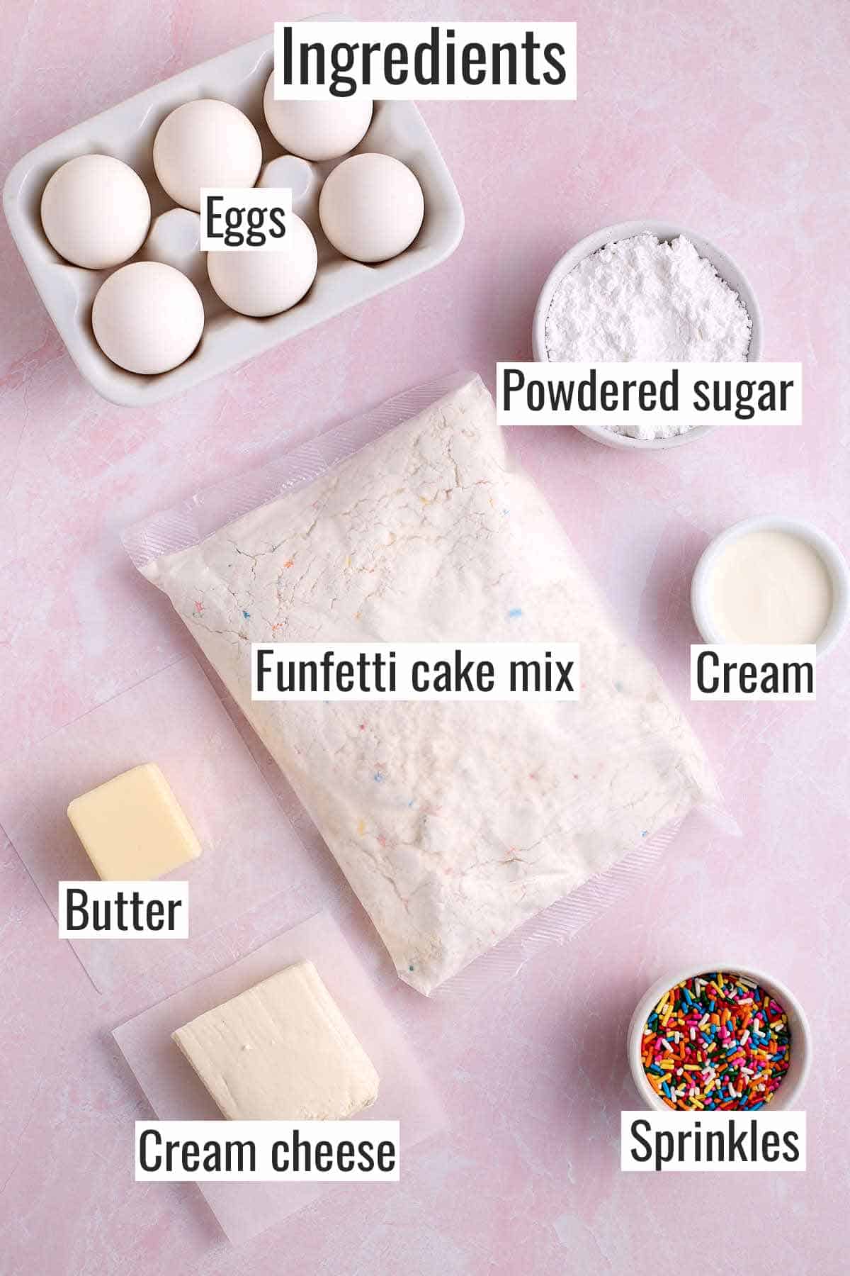 Ingredients for funfetti cake mix cookies with cream cheese.