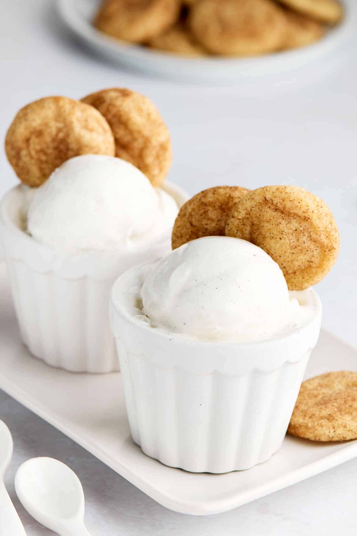 Two ice bowls with vanilla ice cream garnished with two snickerdoodle cookies.