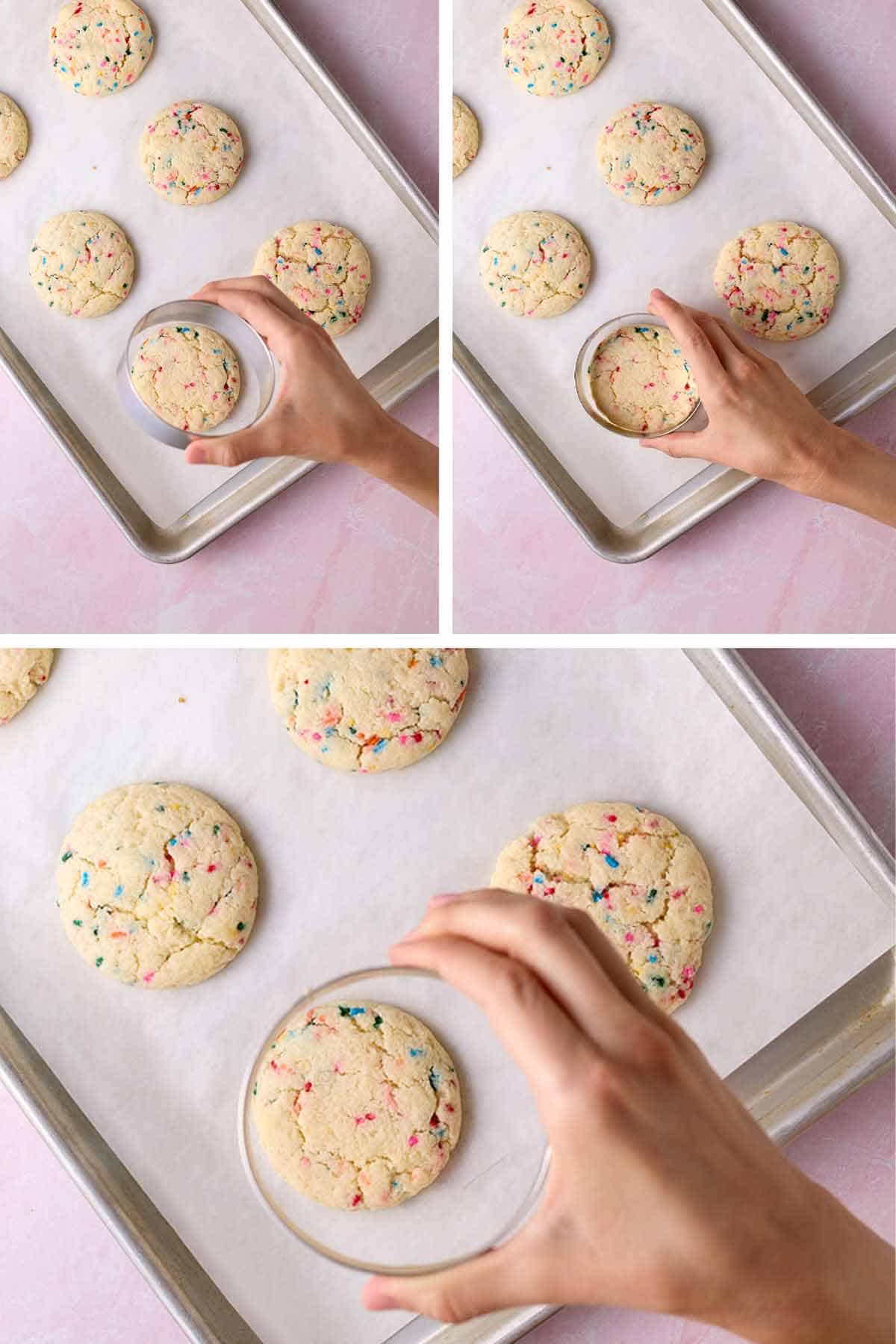 Step-by-step shots of using a cooking ring to shape the warm cookies into perfect rounds.