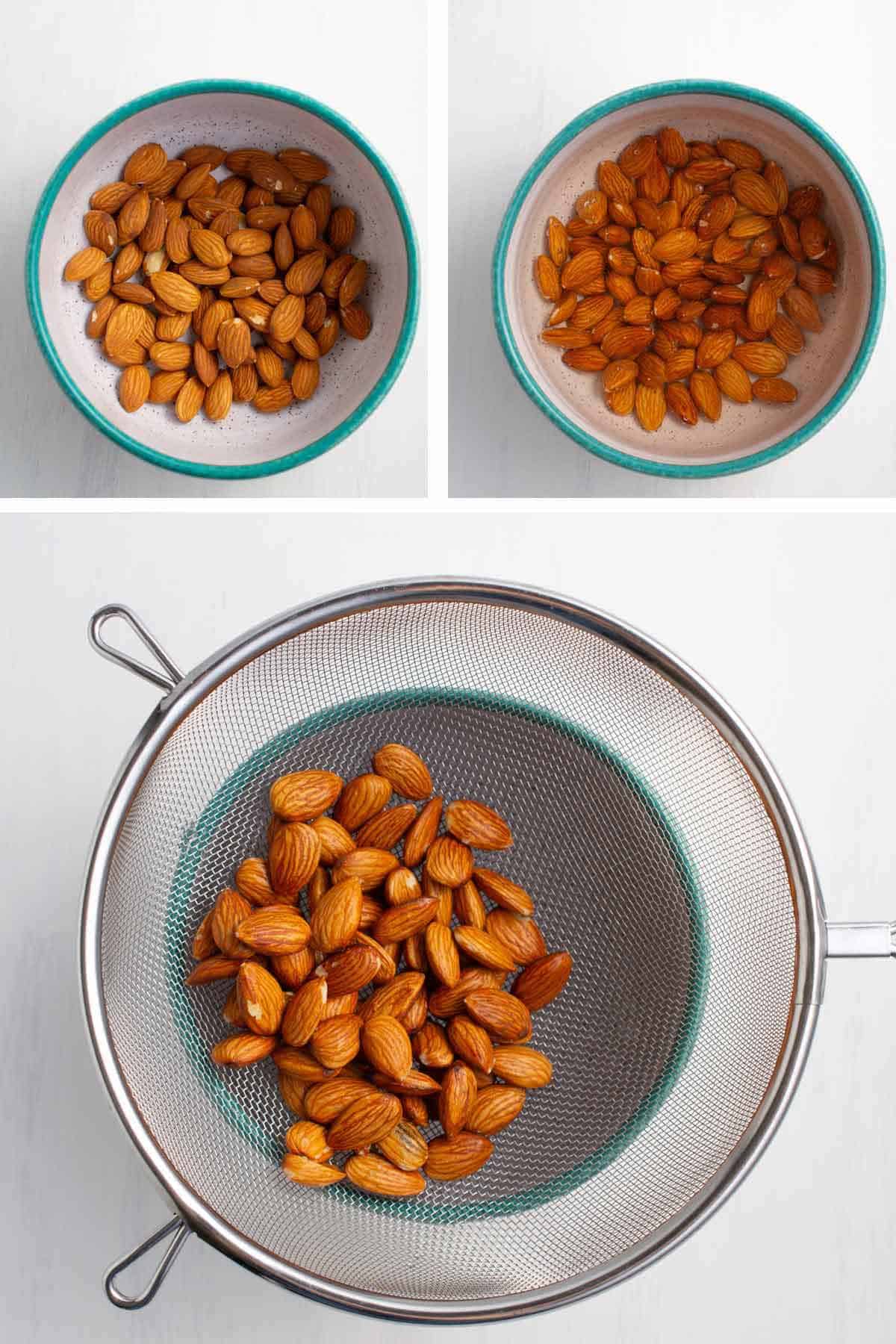 Bowl of raw almonds, bowl of soaking almonds, and almonds in a mesh strainer being drained.