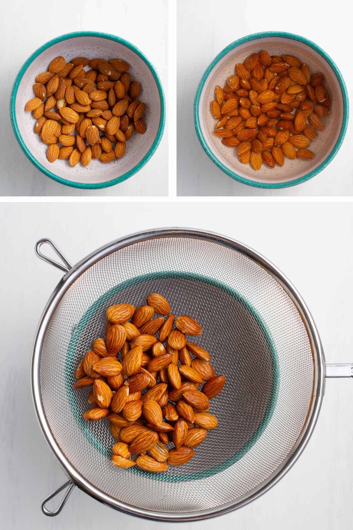 Bowl of almonds, bowl of almonds soaking in water, and soaked almonds being drained in a wire colander.