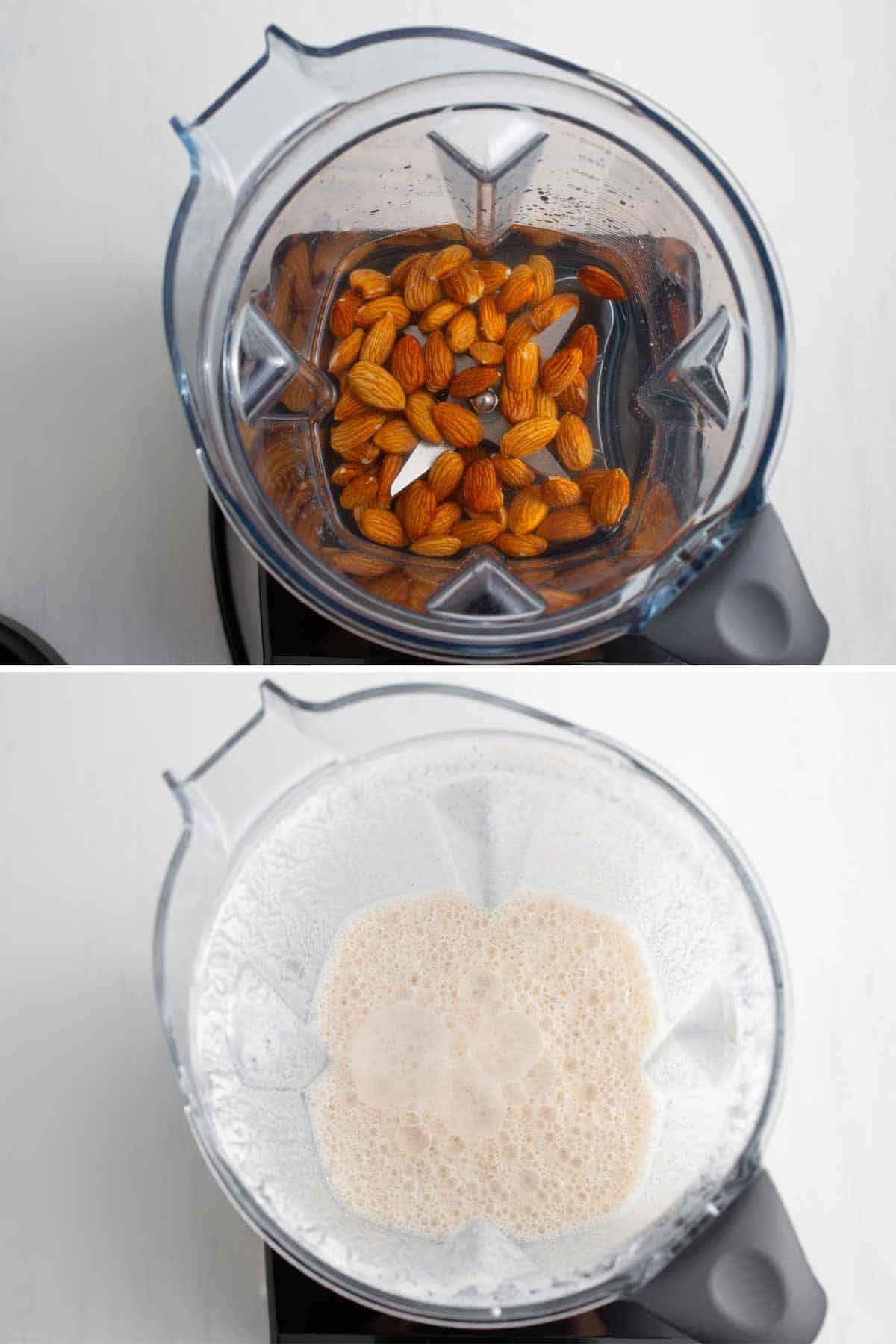Almonds and water in a Vitamix and blended almond milk in the Vitamix container. Both images are looking inside from the top without a lid.