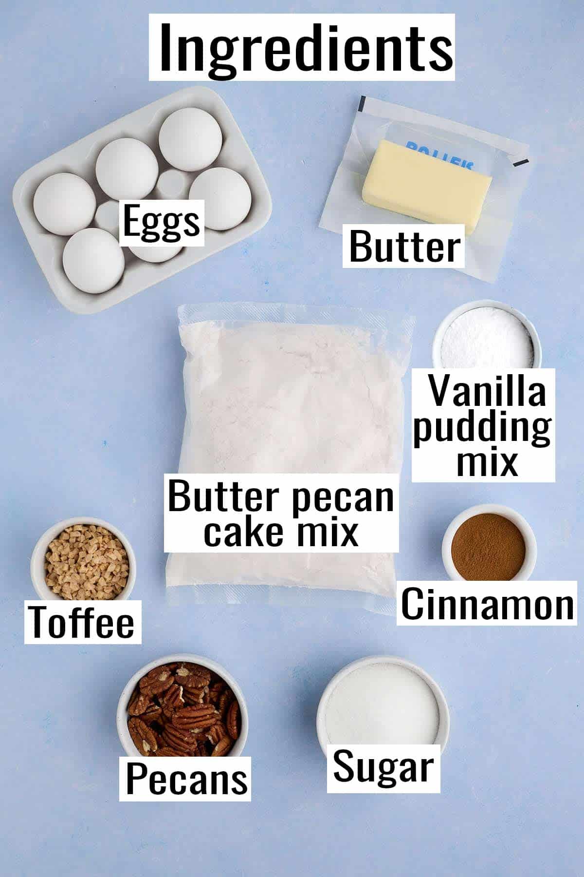 Ingredients for butter pecan cake mix cookies laid out on the counter.