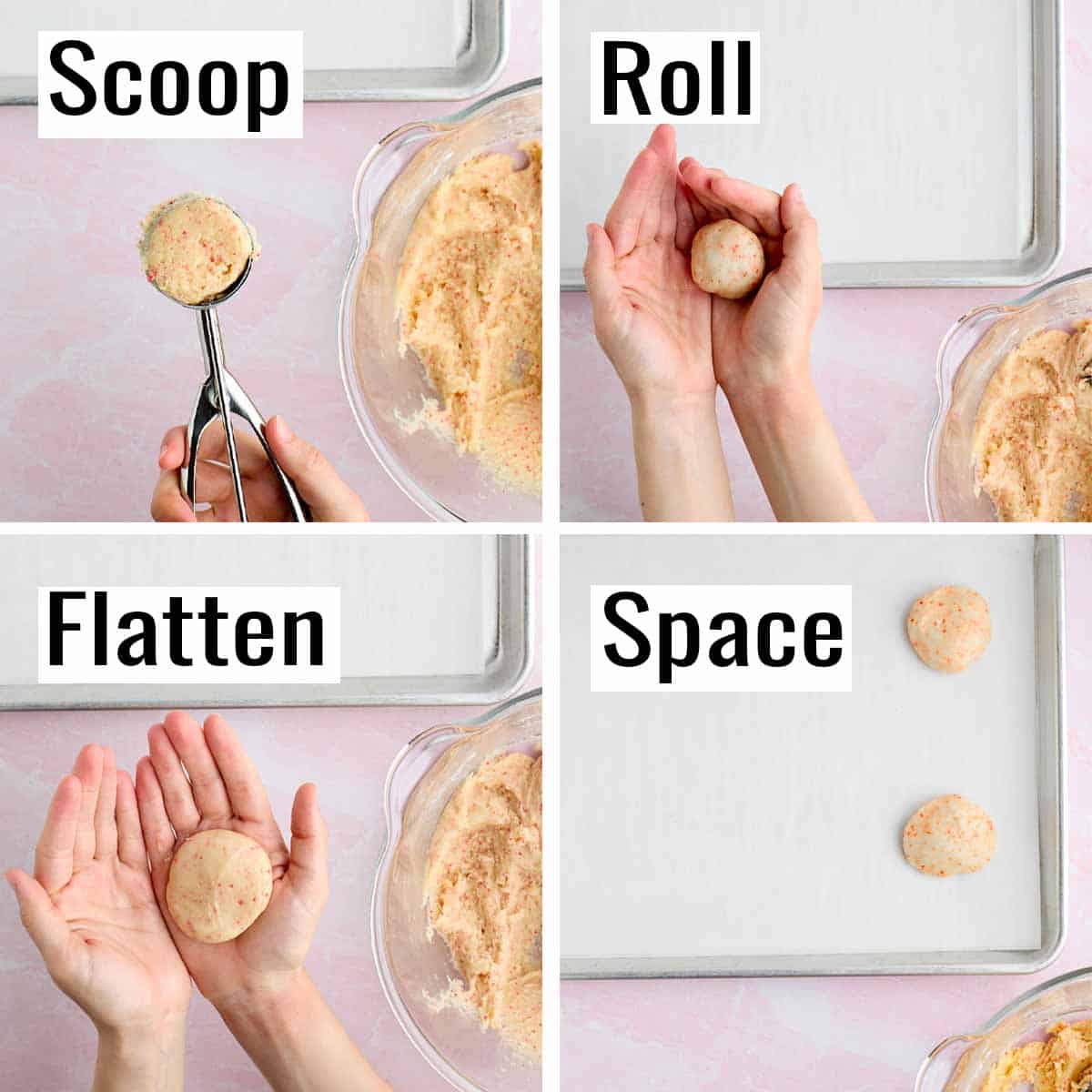 Step-by-step showing scooping the cookie dough, rolling it in a ball, slightly flattening it, and spacing them 2 inches apart on a cookie sheet.