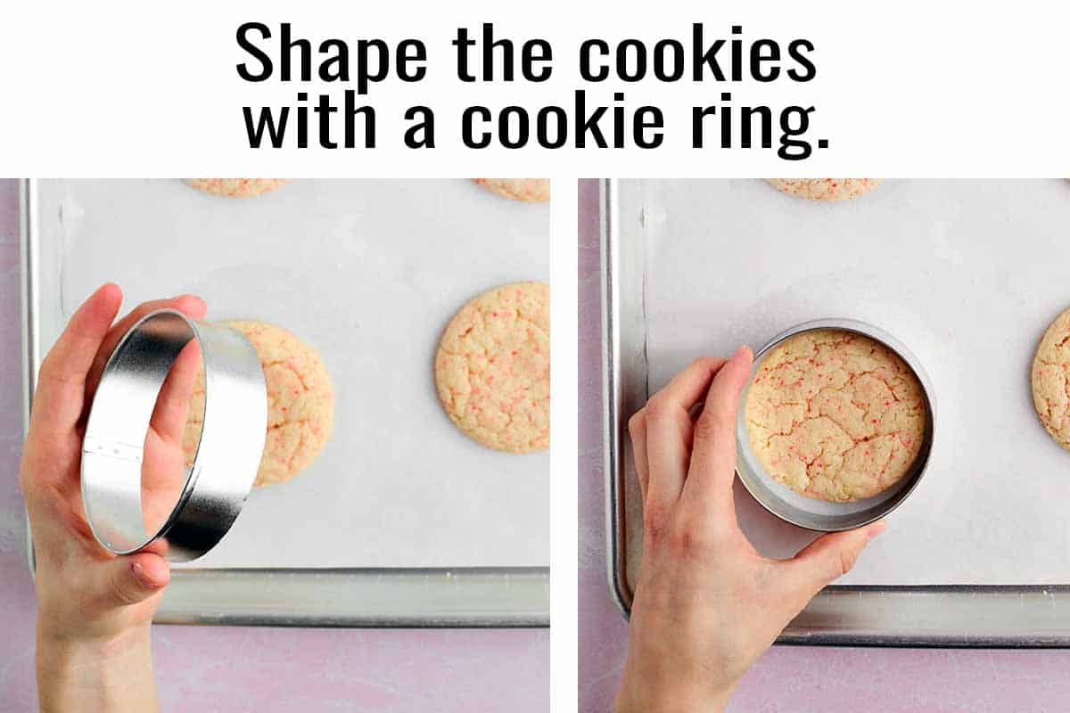 Demonstrating using a cookie ring to shape baked cookies into uniform circles.