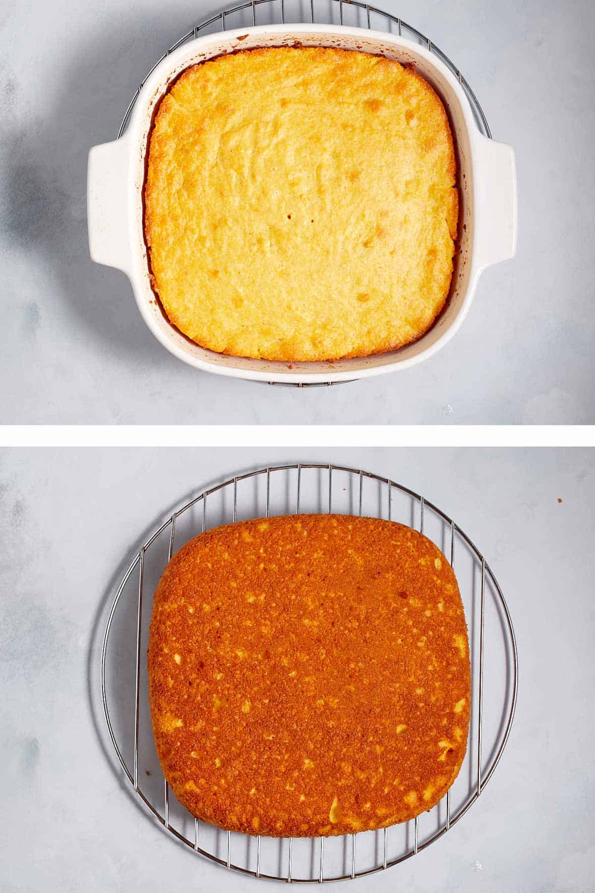 Pan of baked cornbread and baked cornbread on a cooling rack.