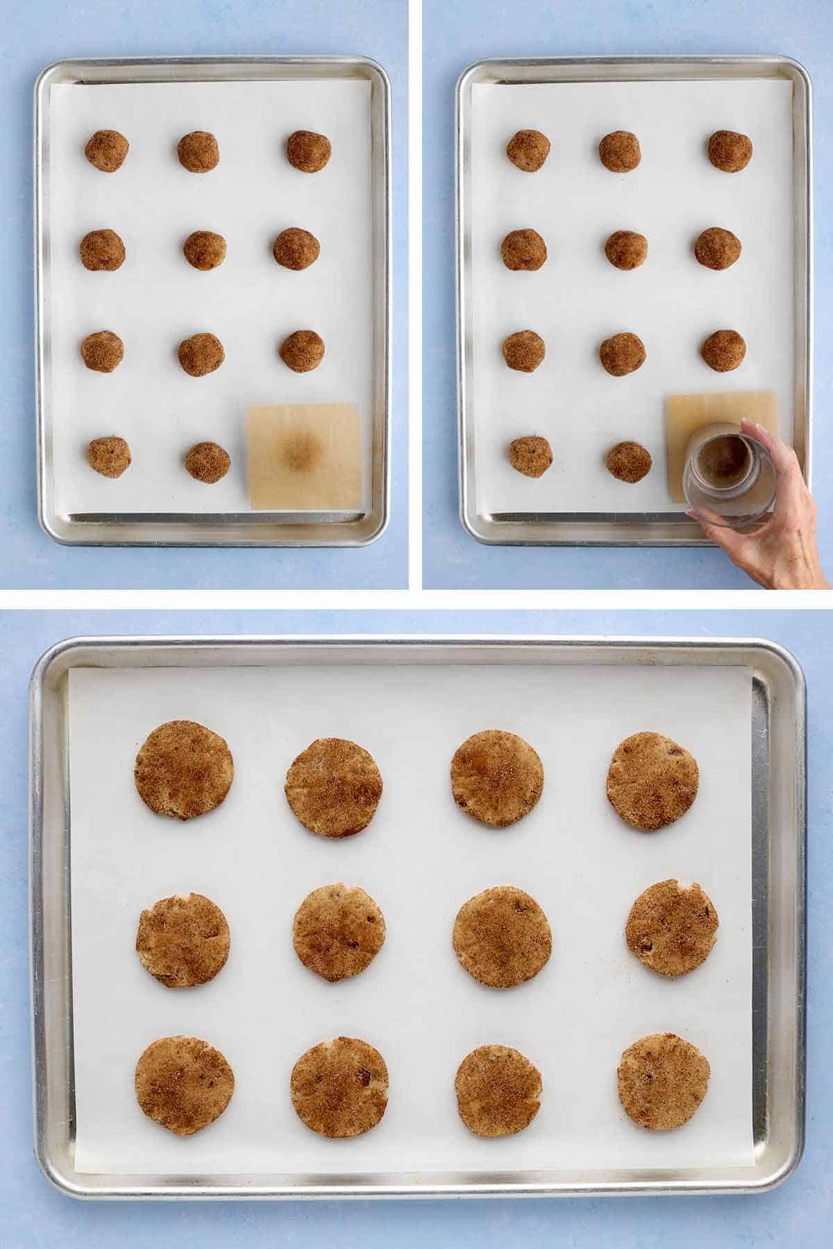 Covering cookie dough balls with parchment paper and then flattening them with the bottom of a glass, and a whole cookie sheet filled with flattened cookie dough.