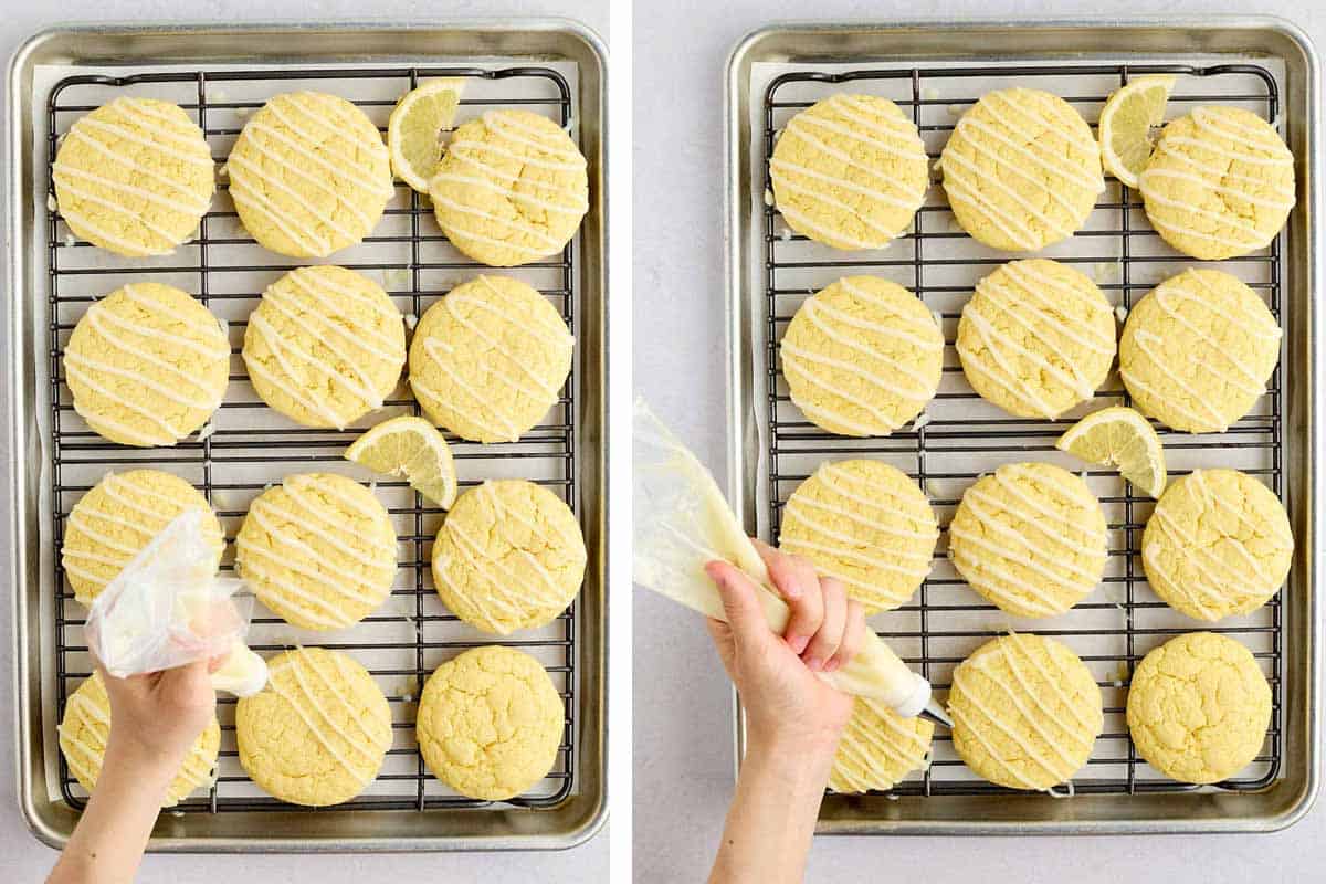 Drizzling lemon white chocolate on baked, cooled cookies.