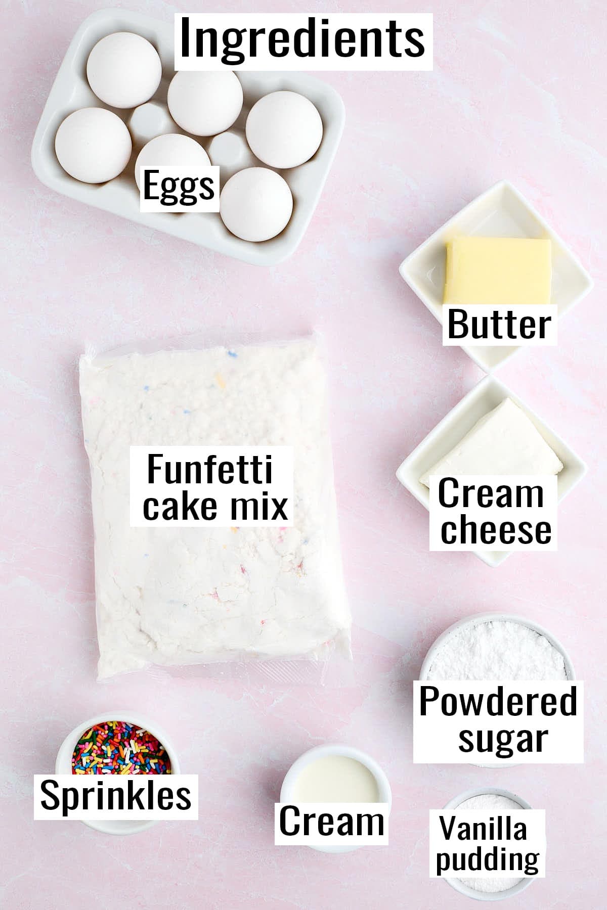 Ingredients for Funfetti cookie sandwiches laid out on the counter and labeled.