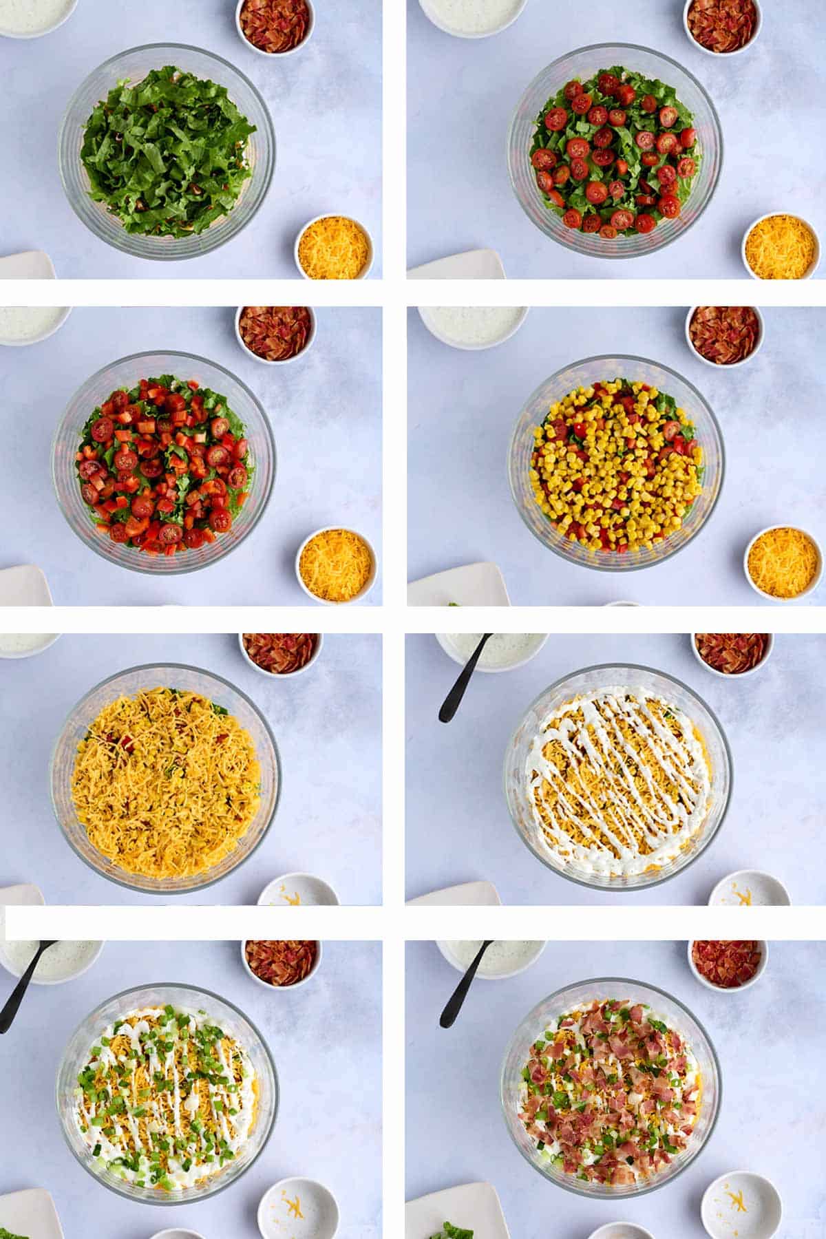 Eight side by side photos showing each of the layers making up the cornbread salad in this order: lettuce, tomatoes, red bell peppers, corn, cheese, Ranch dressing, green onions, and bacon.