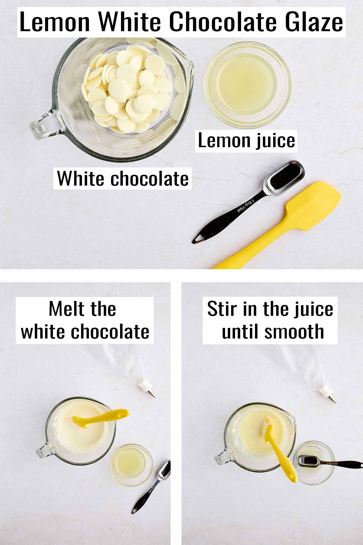 Step-by-step photos showing making the white chocolate lemon glaze. Melt the chocolate and then stir in the juice.
