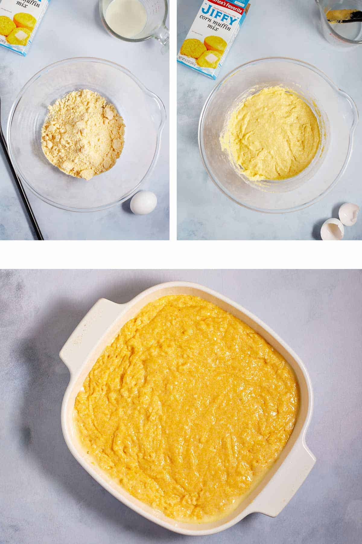 Step by step photos showing Jiffy corn mix in a bowl, a bowl with cornbread batter, and a 8X8-inch baking dish with the batter.