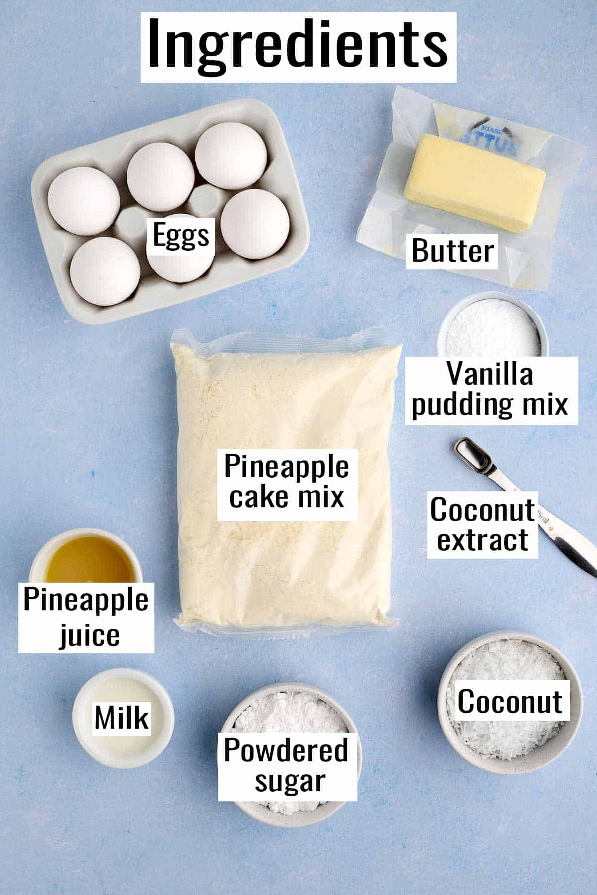 Ingredients for pineapple cake mix cookies laid on the counter.