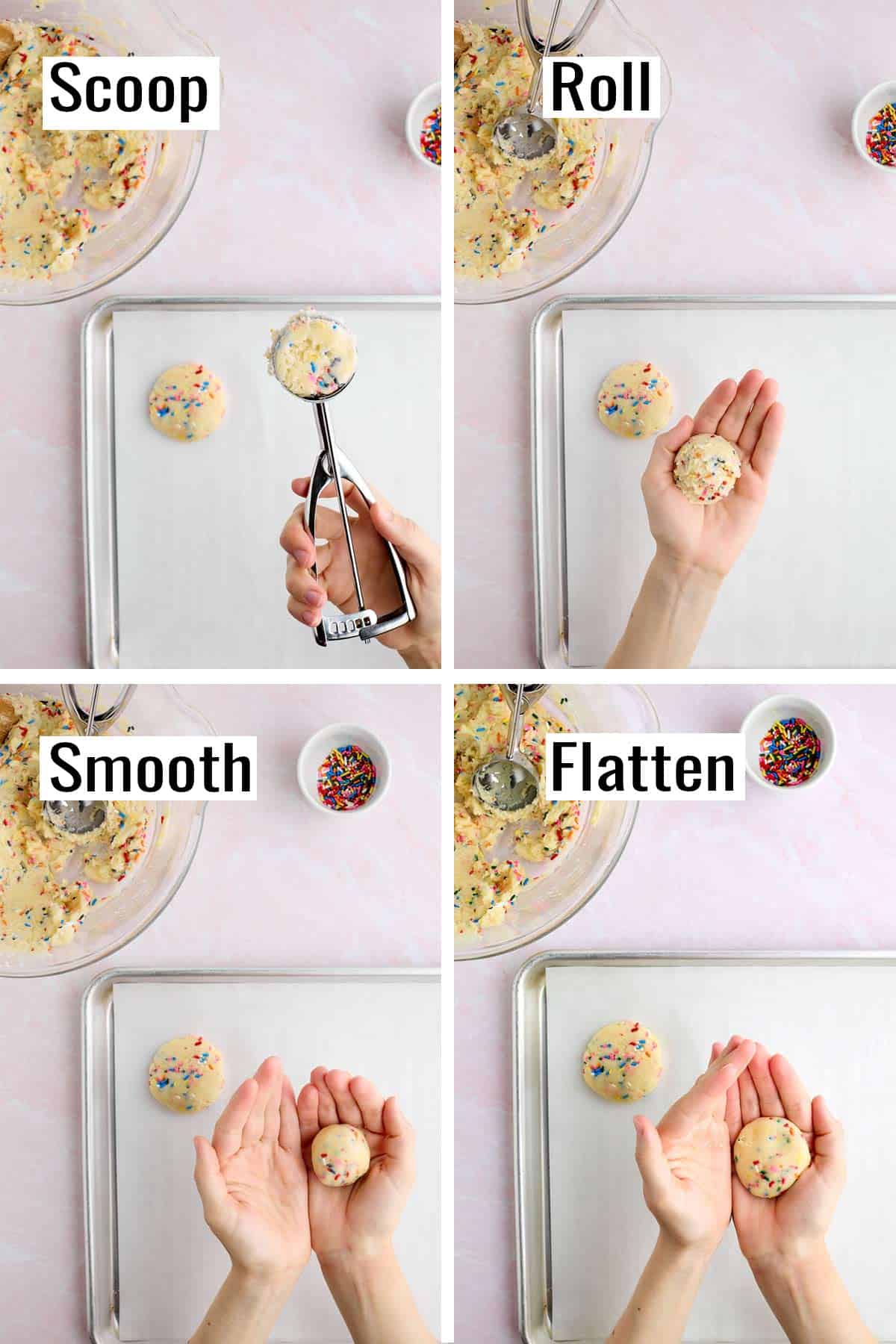 Step-by-step photos showing scooping the cookie dough, rolling it into a smooth ball, and then flattening it before putting it on the cookie sheet.