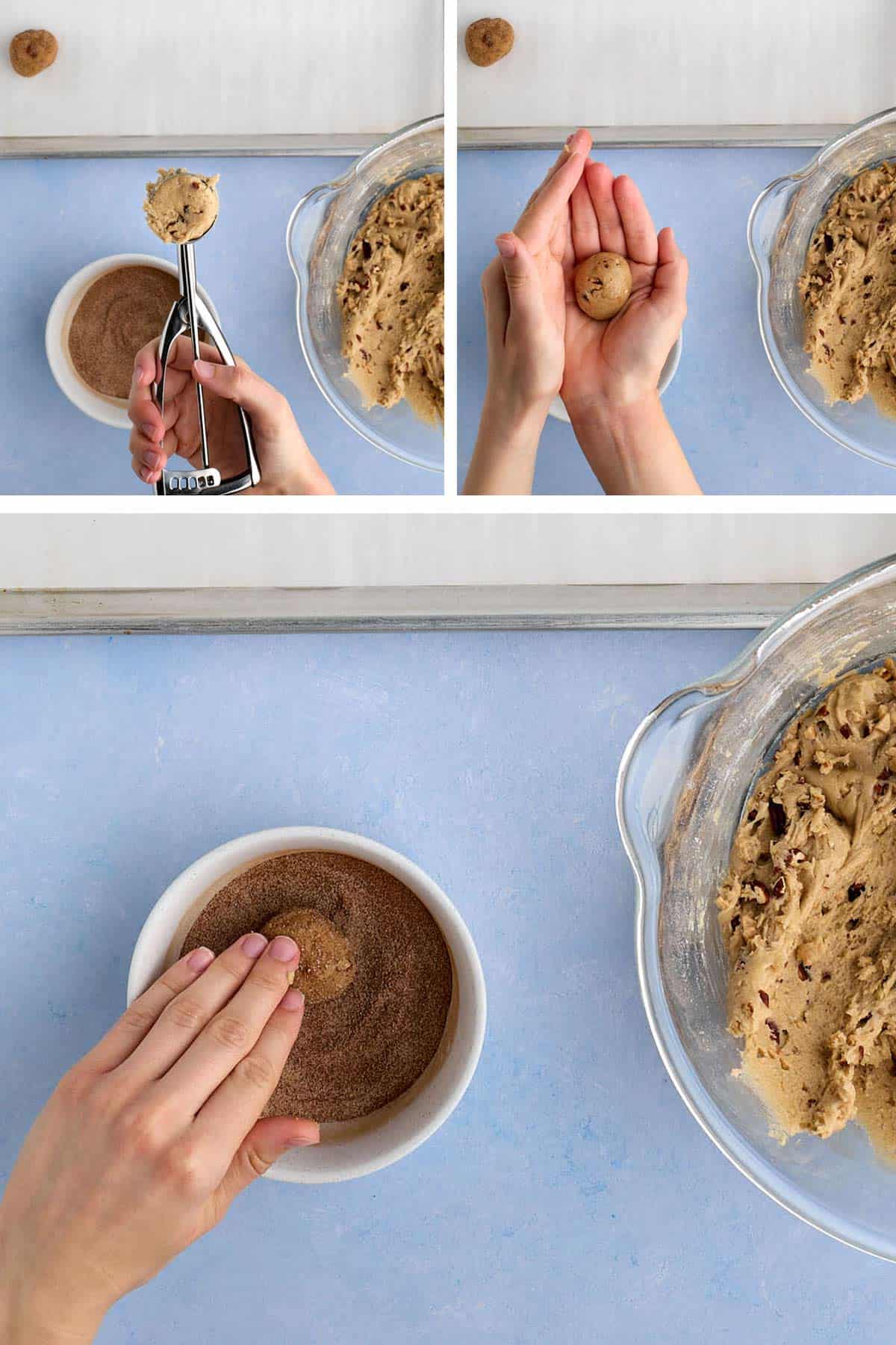 Step-by-step scooping the cookie dough, rolling it into a smooth ball, and rolling it in the cinnamon sugar mixture.