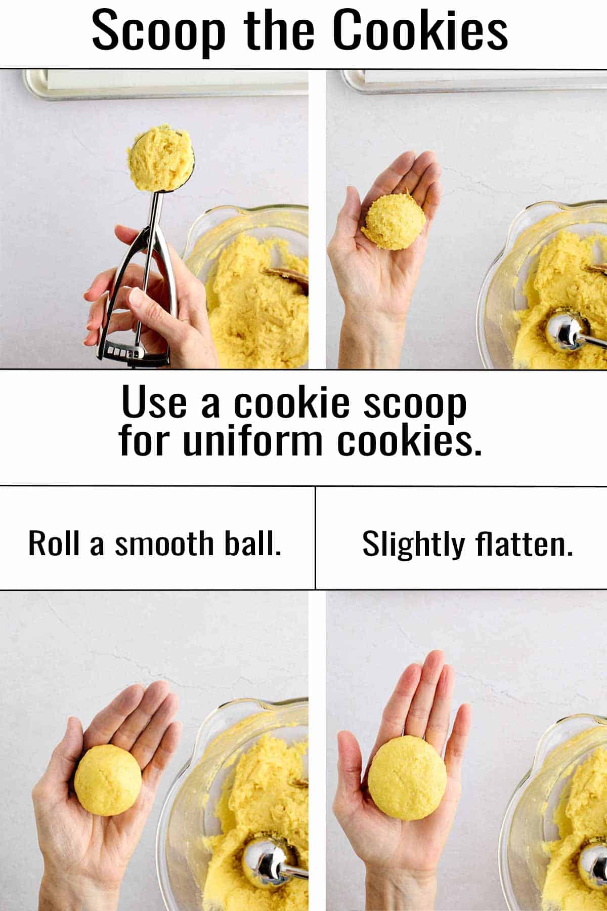 Scooping the cookie dough, rolling it into a smooth ball, and slightly flattening it.