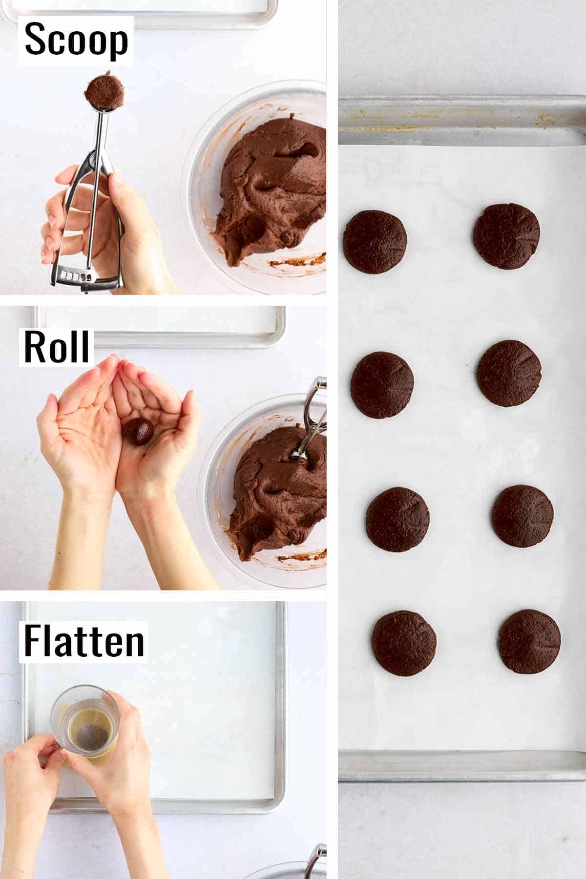 Showing the steps of scooping, rolling, and flattening the Oreo cookie dough before being baked.