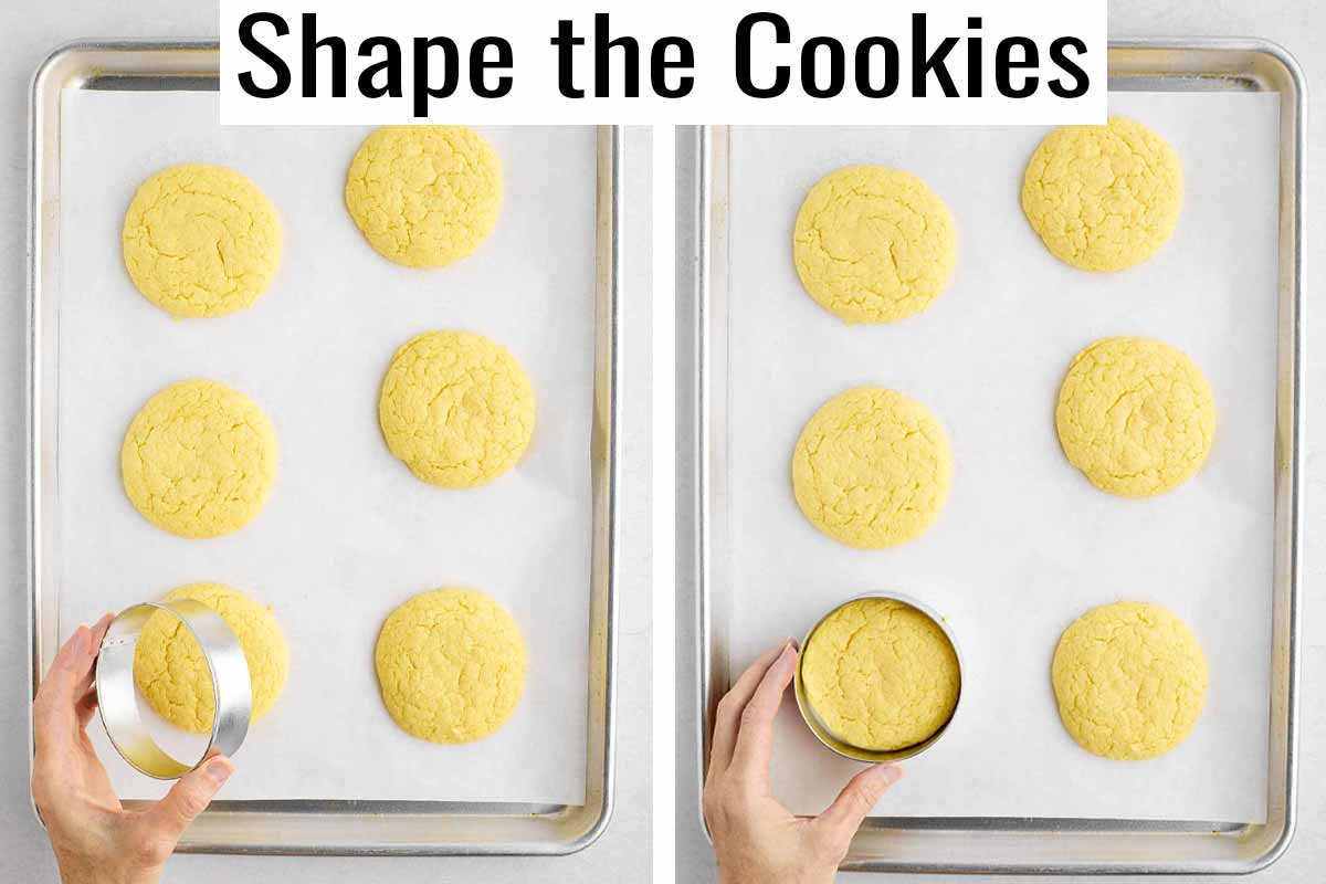 Shaping baked cookies on a cookie sheet with a cookie ring.