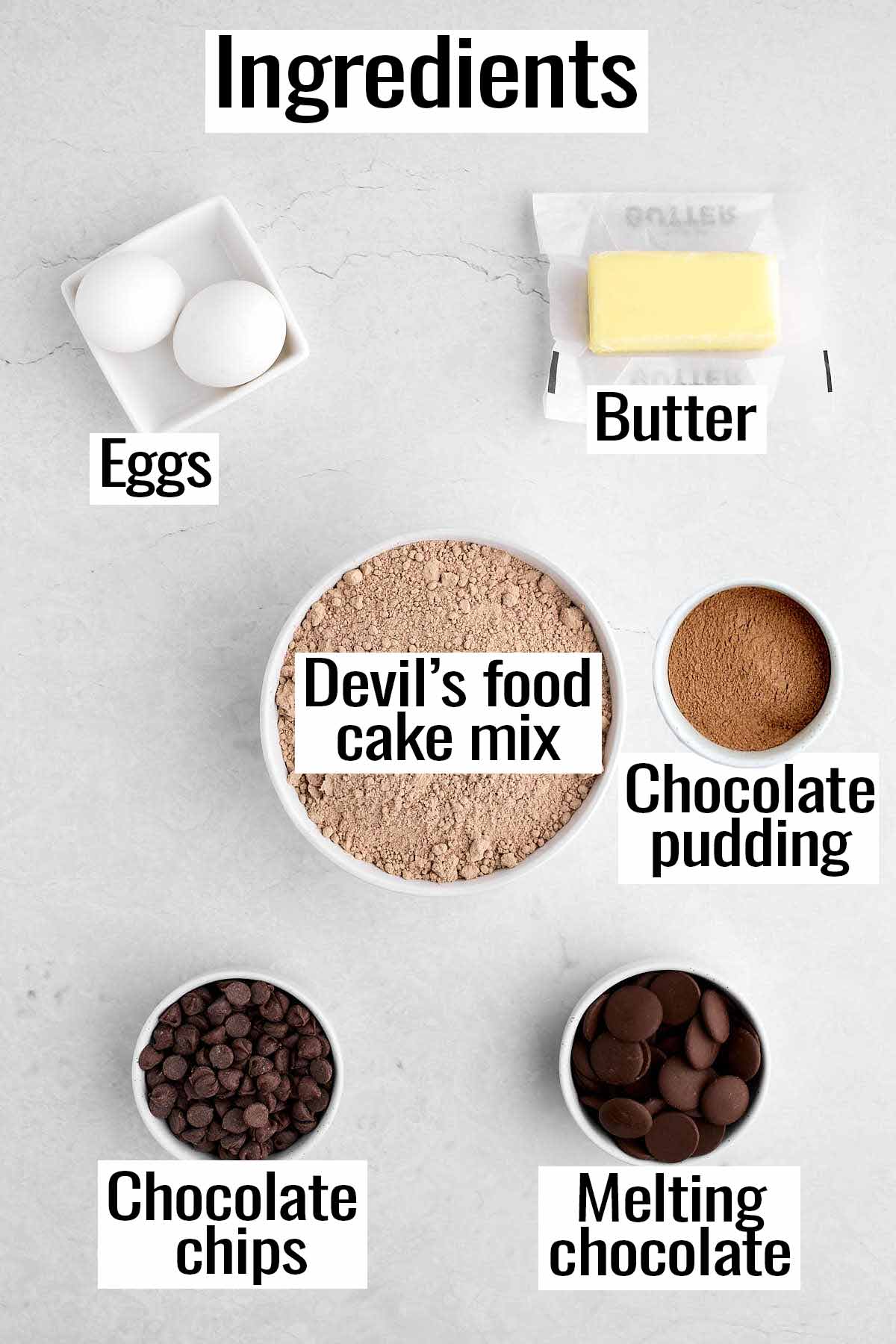 Ingredients for devil's food cake mix cookies.