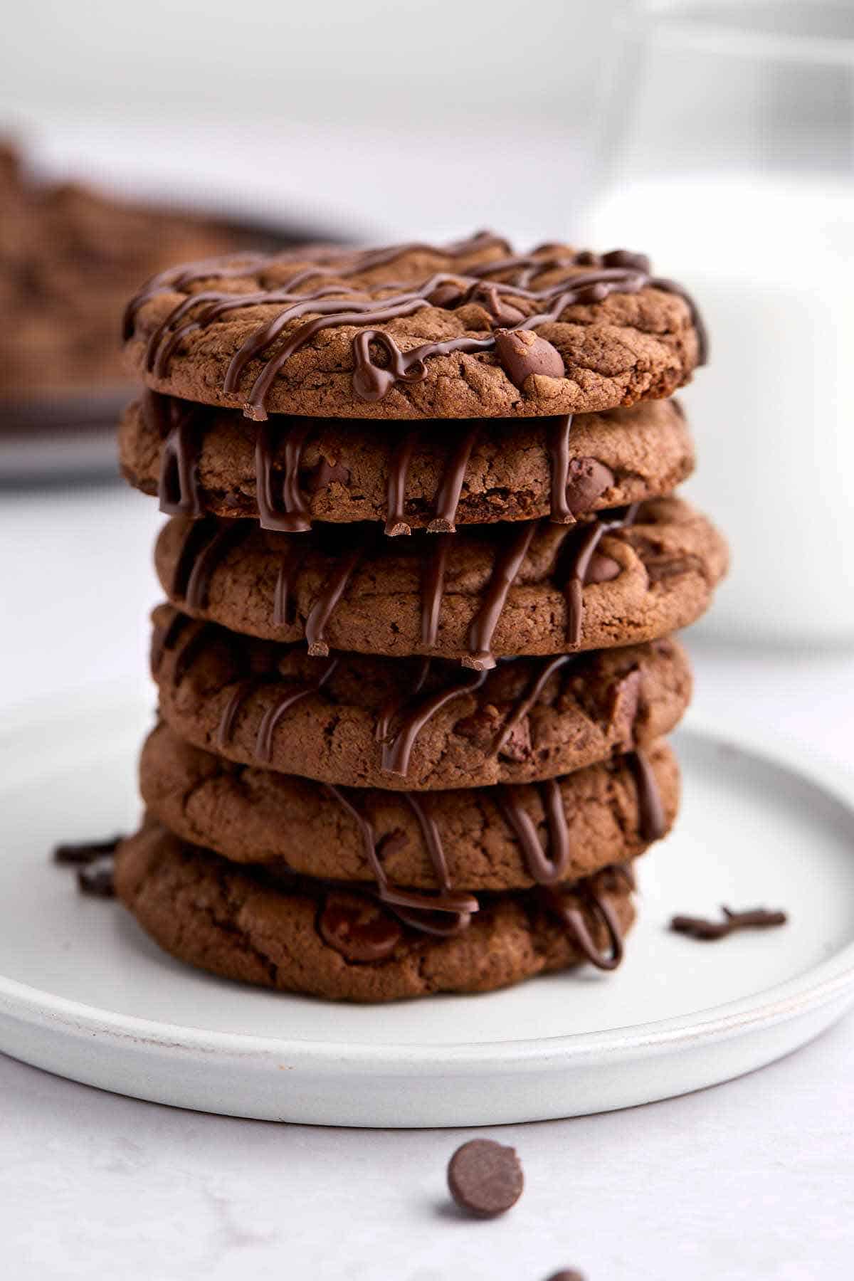 Stack of devil's food cake mix cookies on a plate.