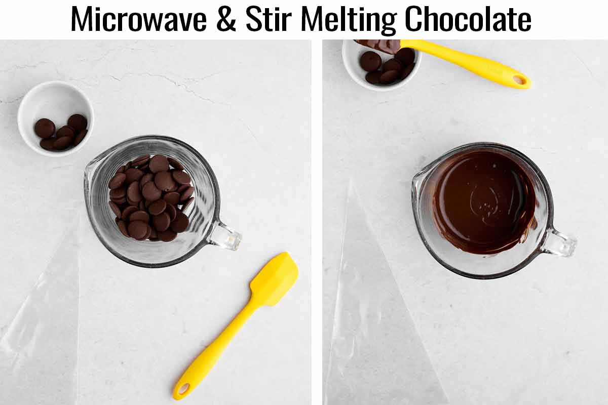Melting chocolate in a liquid measuring cup before and after being melted to be ready to drizzle.