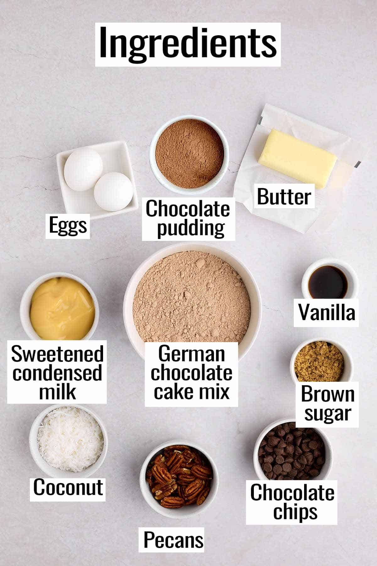 Ingredients for German chocolate cake mix cookies on the counter.