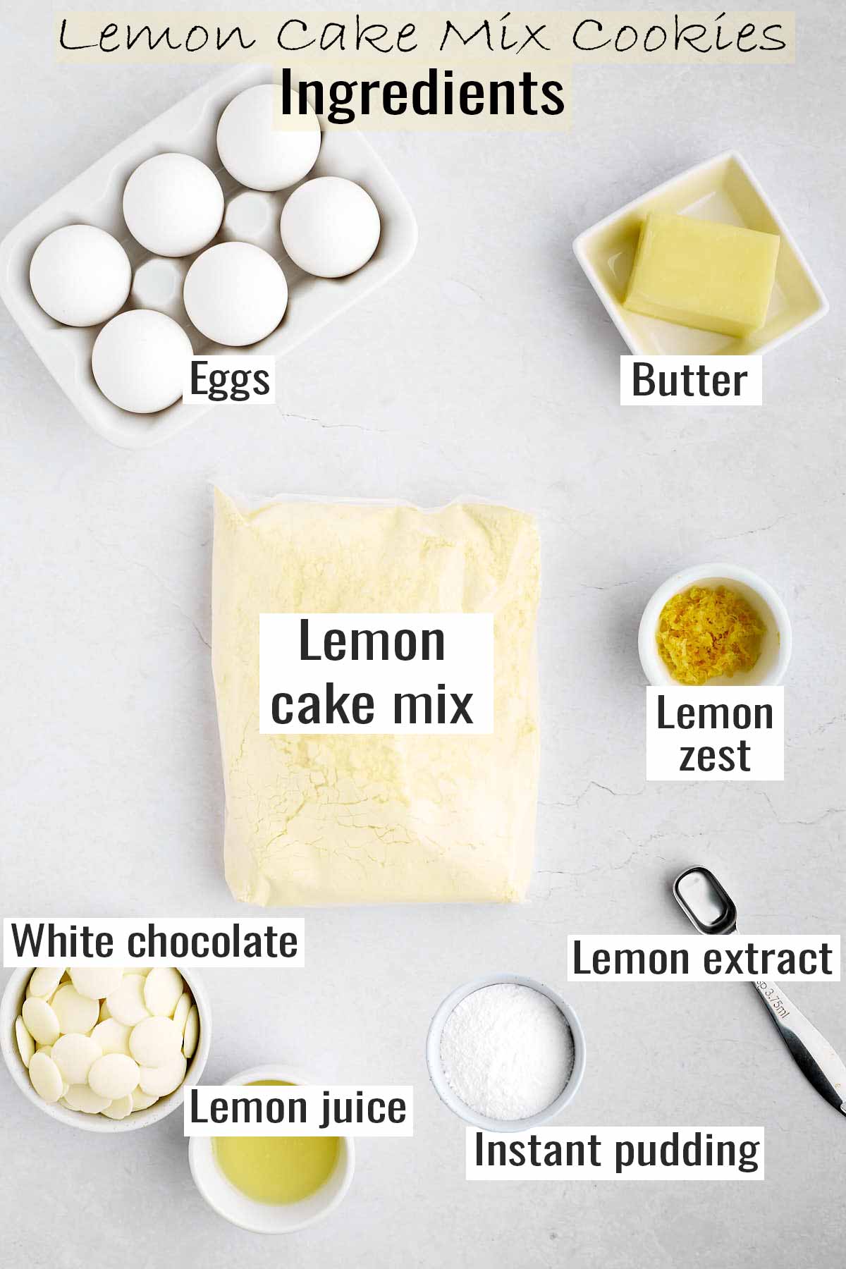 Labeled ingredients for lemon cake mix cookies.