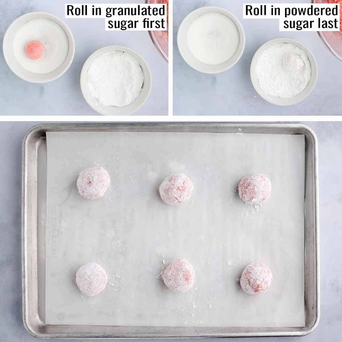 Step-by-step showing rolling the strawberry crinkle cookie dough balls first in granulated sugar, then in powdered sugar, and last going on the cookie sheet.