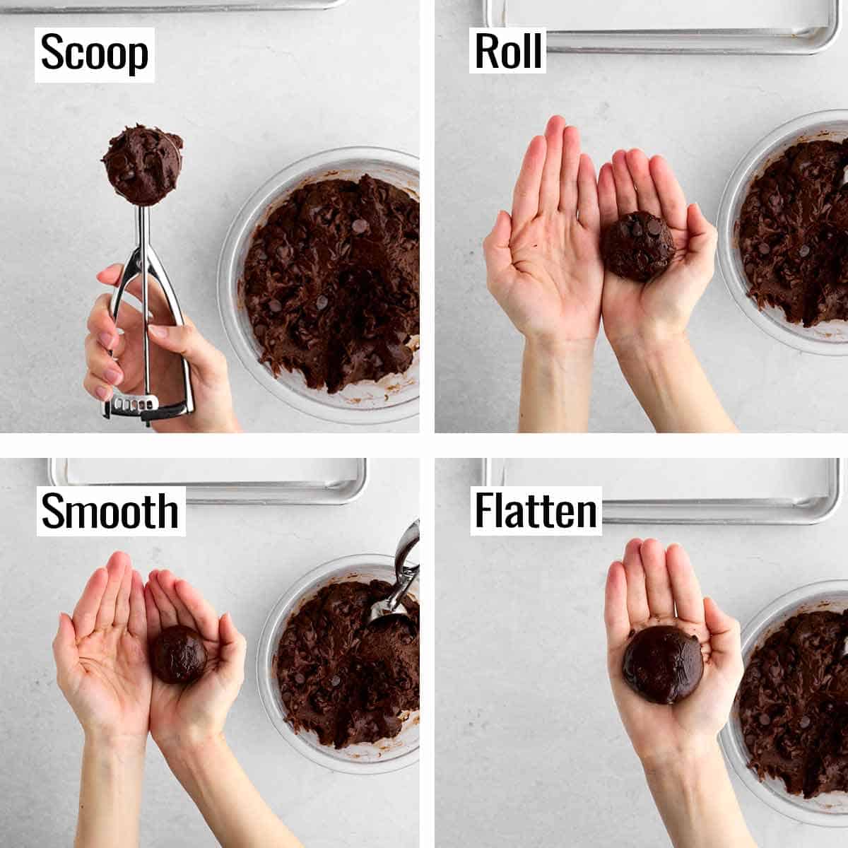 Step-by-step showing scooping the cookie dough, rolling it smooth, and flattening it before baking.