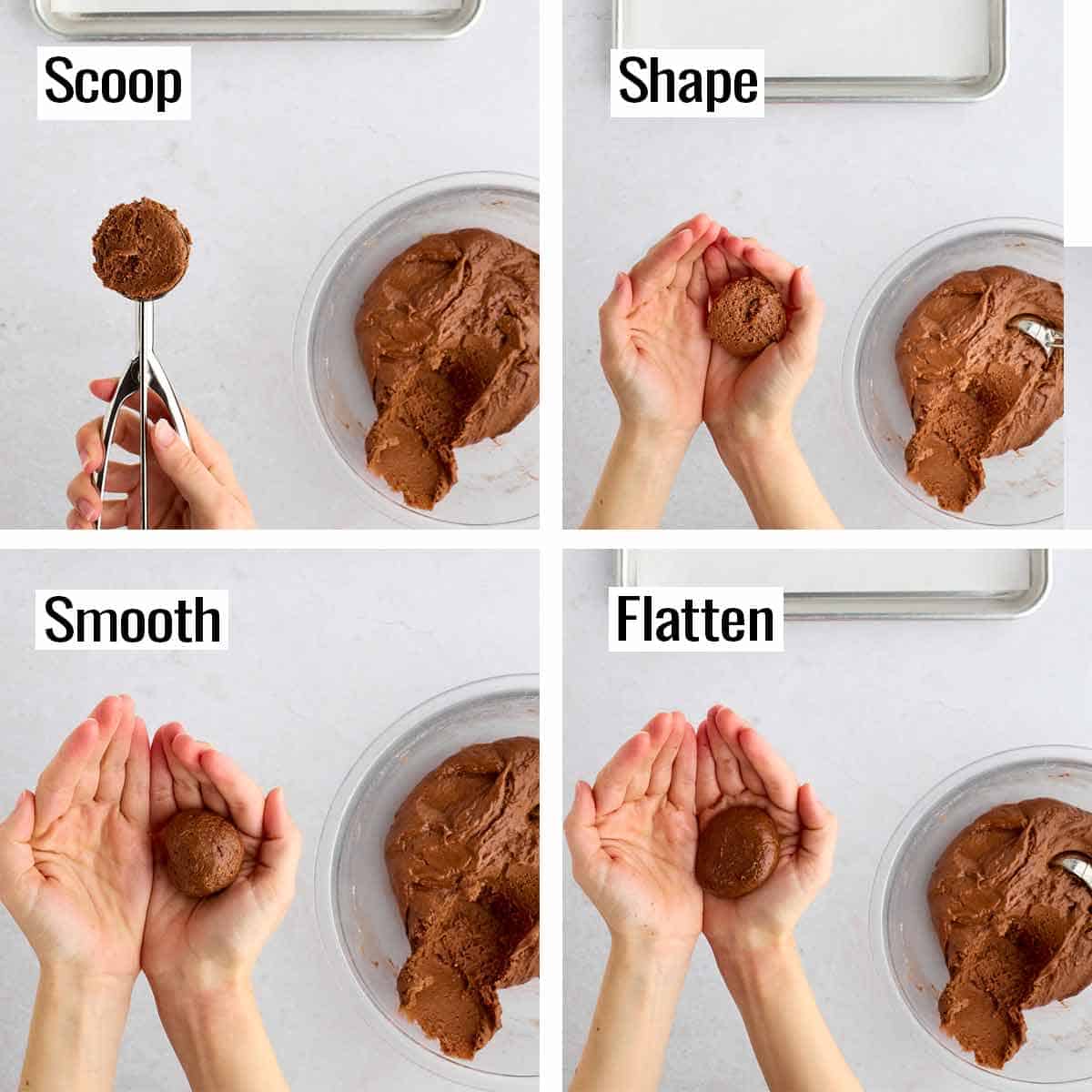 Steps showing scooping, shaping, smoothing, and flattening German chocolate cookie dough.