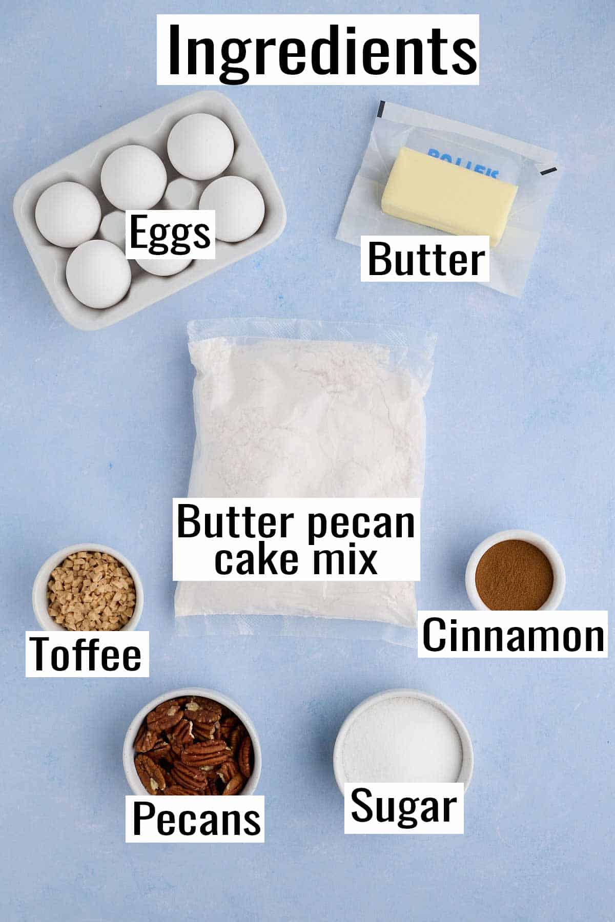 Ingredients for butter pecan cake mix cookies.