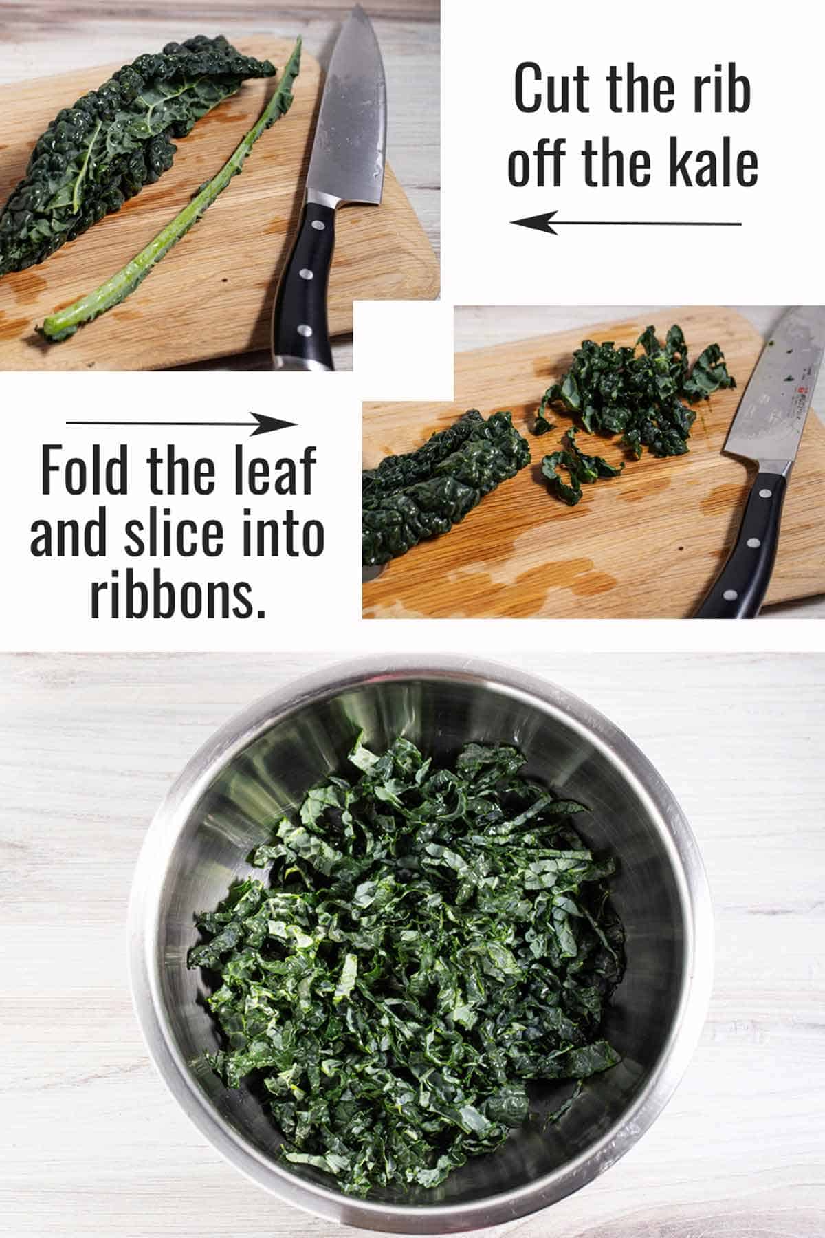 Steps to chopping kale for kale and Brussels sprouts salad.