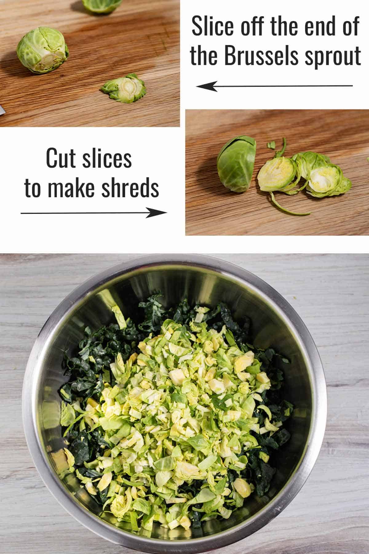 Steps to cutting Brussels sprouts for kale and Brussels sprouts salad.