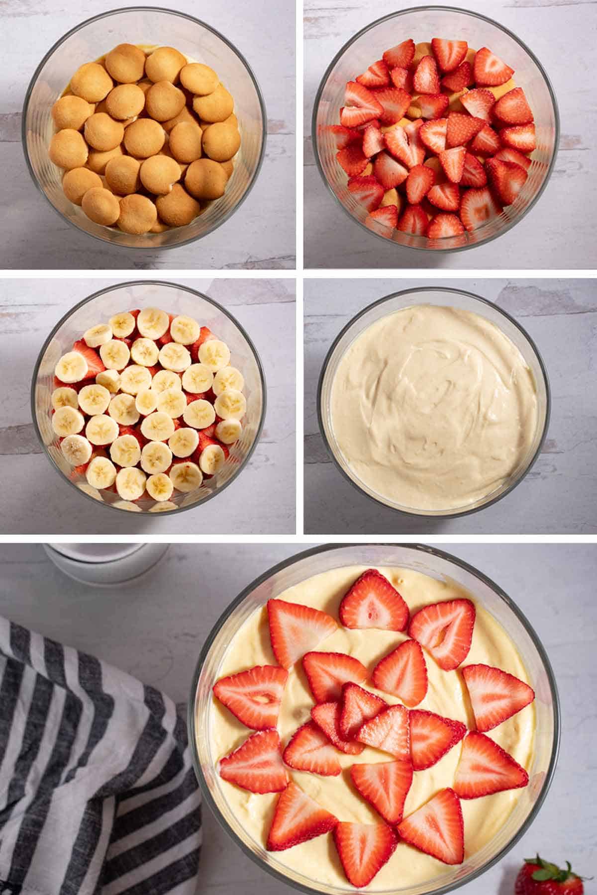 Step-by-step photos layering strawberry banana pudding.