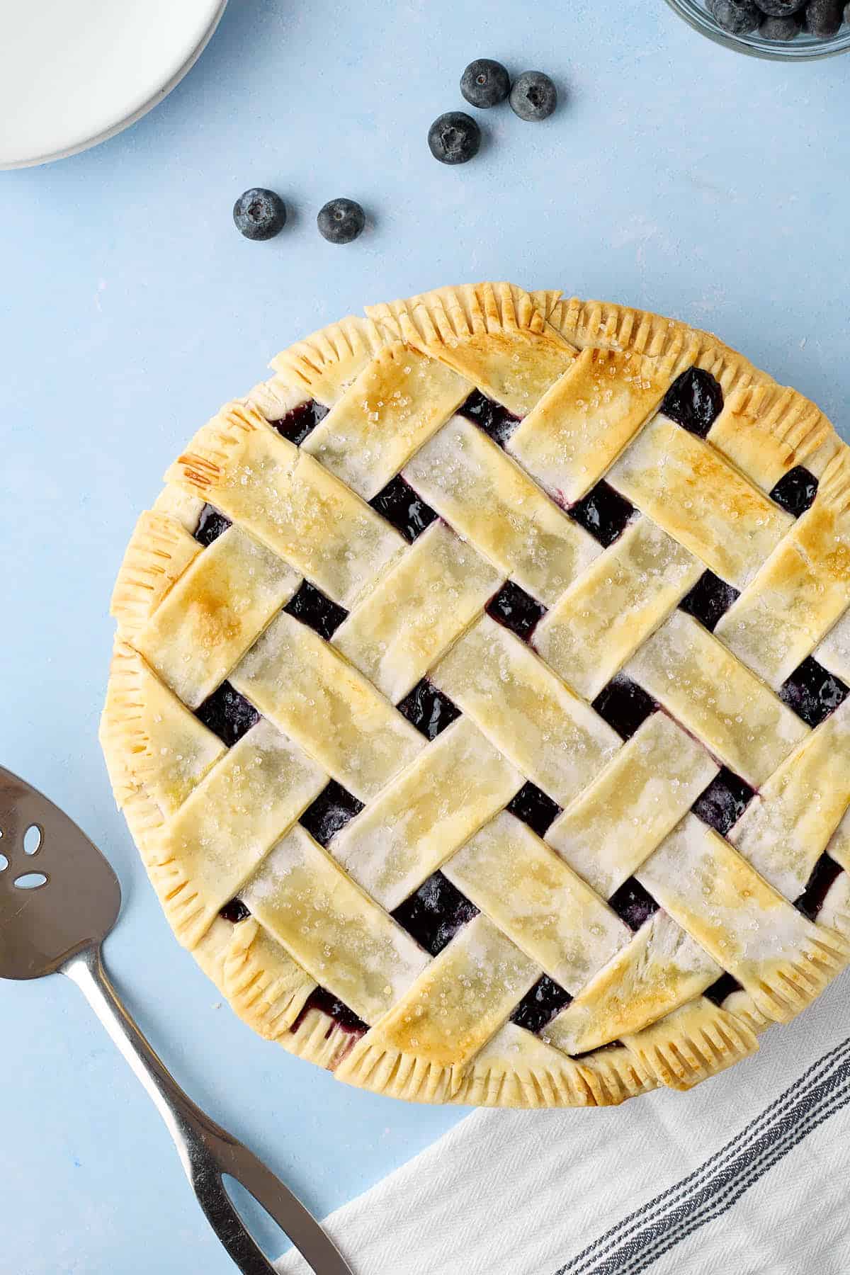 An overhead shot of a baked blueberry pie with lattice crust.