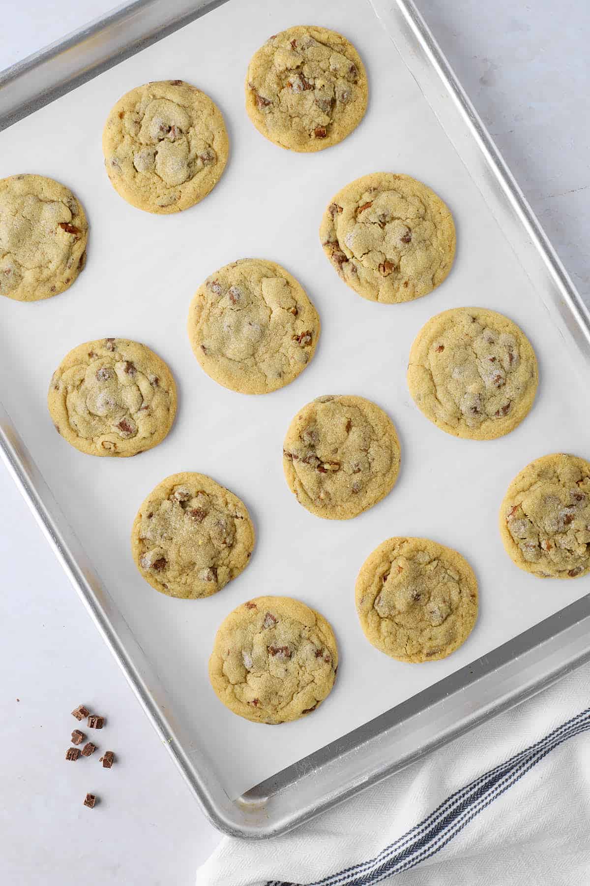 Baked chocolate chip cookies on a baking sheet.