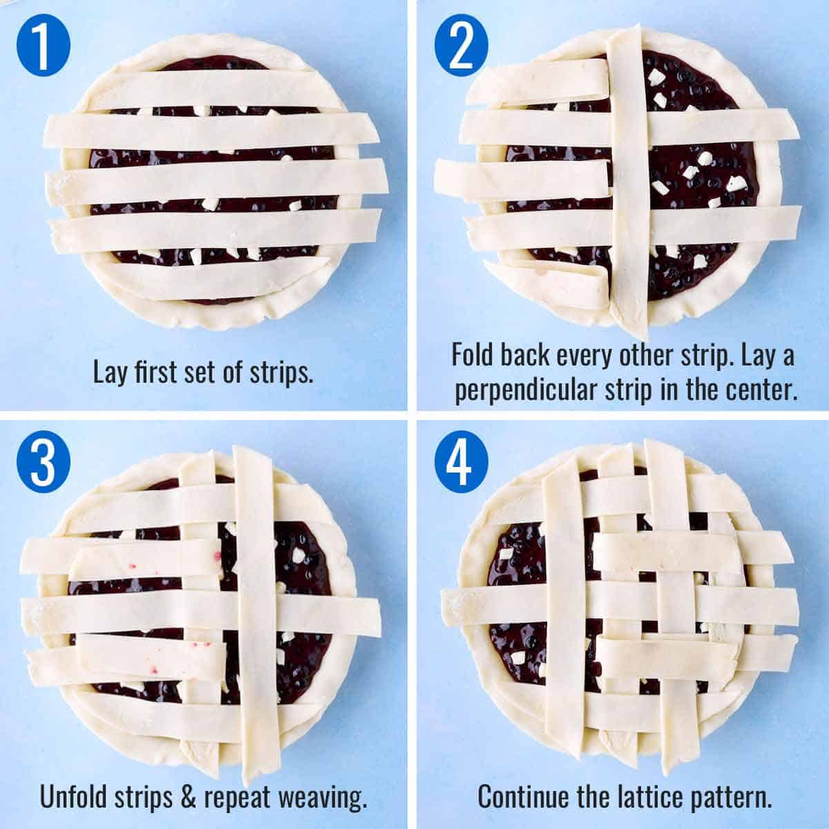 Step-by-step illustration of weaving a lattice top on blueberry pie.