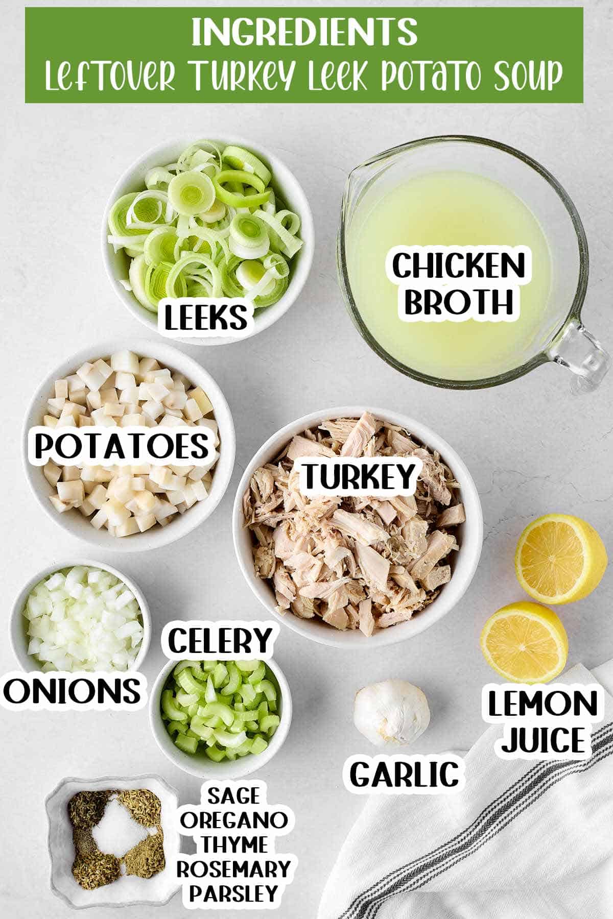 Ingredients for turkey leek potato soup.