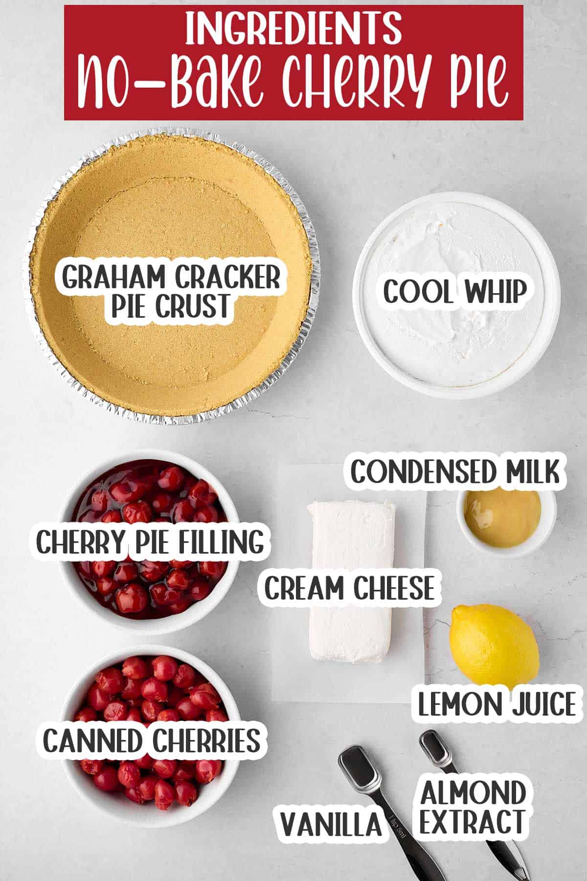 Labeled ingredients for cherry pie with canned filling and graham cracker crust.