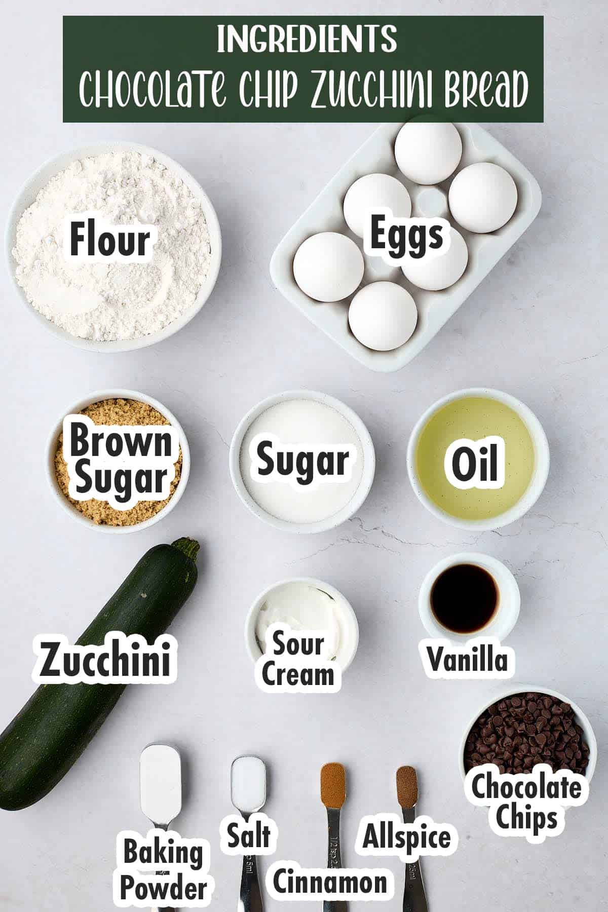 Ingredients for chocolate chip zucchini bread.
