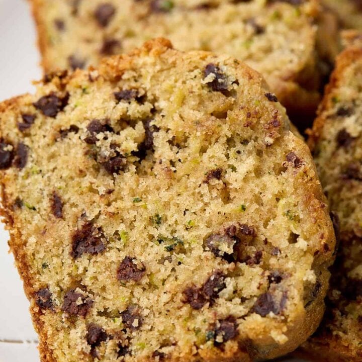 Closeup of a slice of mini chocolate chip zucchini bread.